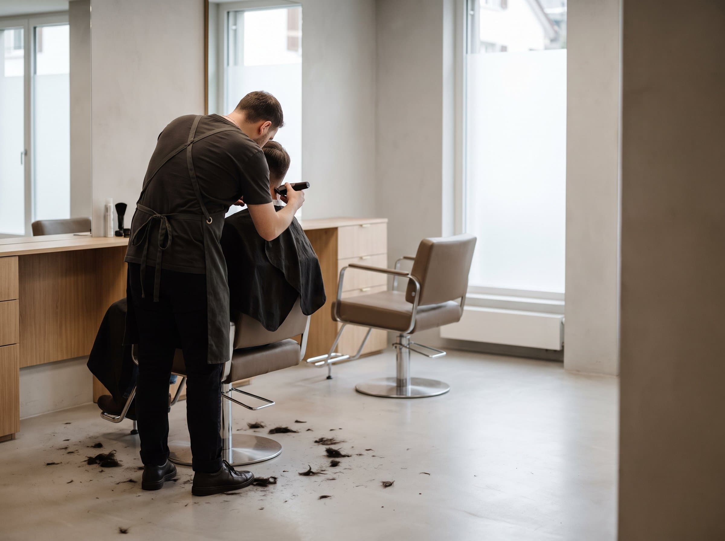 Im Salon wird mit der Maschine der Nacken ausrasiert, auf dem Boden liegt Haar